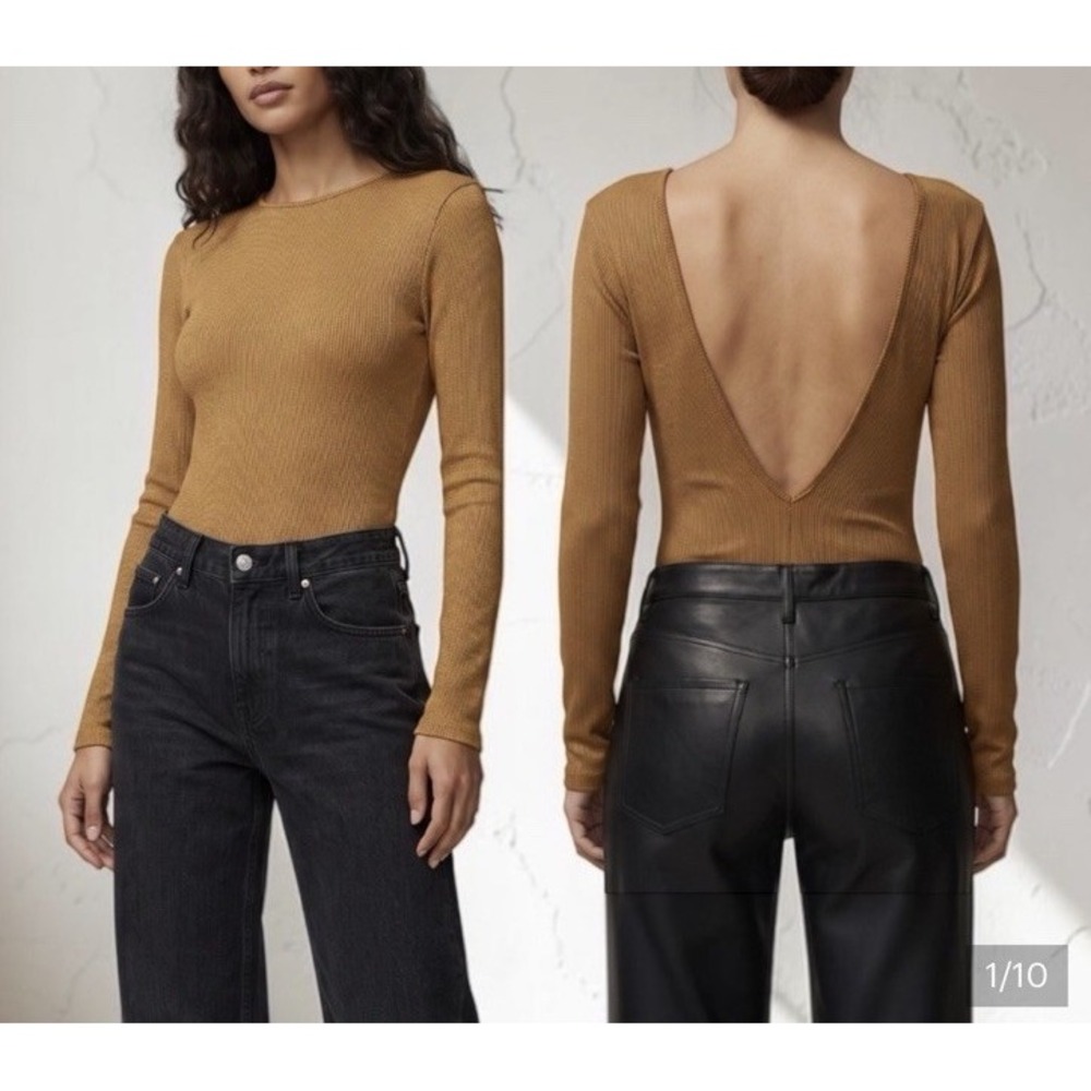 Goldsign Ochre Ribbed Deep V Backless Bodysuit Bodycon Top Sz S